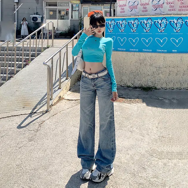 玫丝朵 水洗低腰百搭宽松阔腿裤牛仔裤 女款 复古
