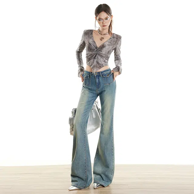 玫丝朵 美式复古微喇叭低腰做旧辣妹百搭弹力牛仔裤 女款