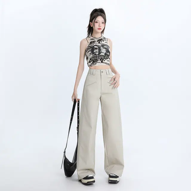 玫丝朵 简约纯色高腰宽松直筒垂感阔腿休闲裤 女款