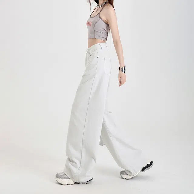 玫丝朵 美式复古纯色时尚简约百搭宽松阔腿牛仔裤 女款