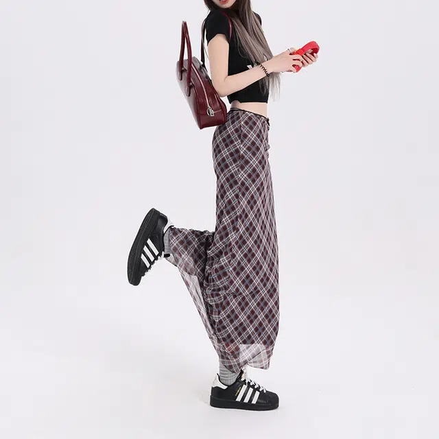 玫丝朵 格子中长款自然腰休闲长裙 女款 蓝青格纹