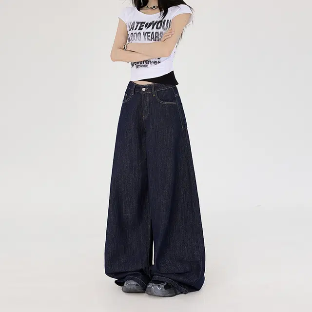 玫丝朵 美式高街阔腿宽松简约百搭纯色美拉德休闲慵懒拖地牛仔裤 女款