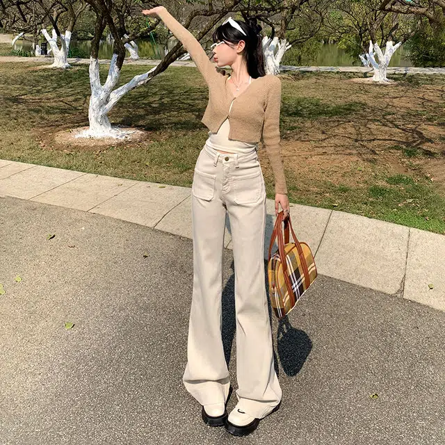 玫丝朵 高腰简约舒适纯色休闲牛仔裤 女款 杏色