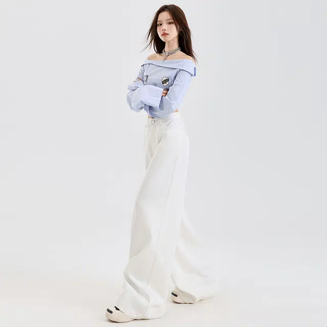 玫丝朵 美式纯色简约百搭宽松阔腿拖地牛仔裤 女款