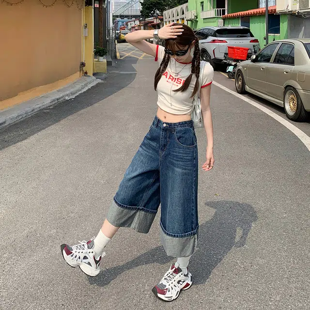玫丝朵 美式复古高腰宽松气质百搭七分裤牛仔短裤 女款