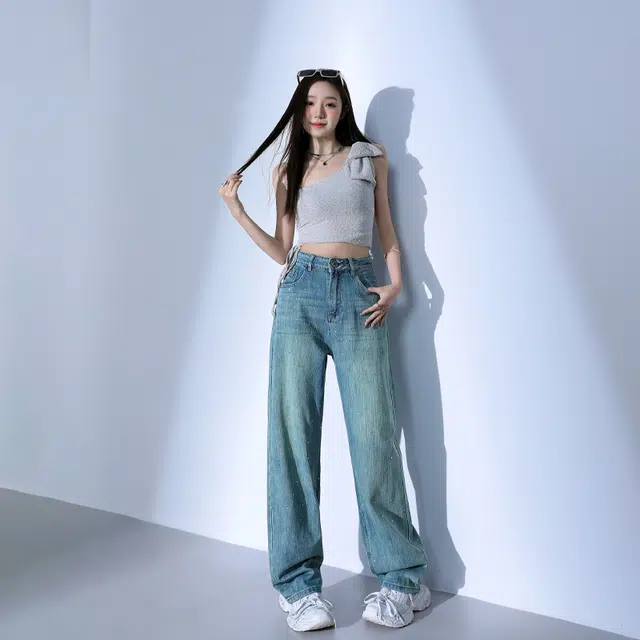 玫丝朵 美式潮流设计时尚百搭宽松阔腿牛仔裤 女款 烫钻孔雀绿