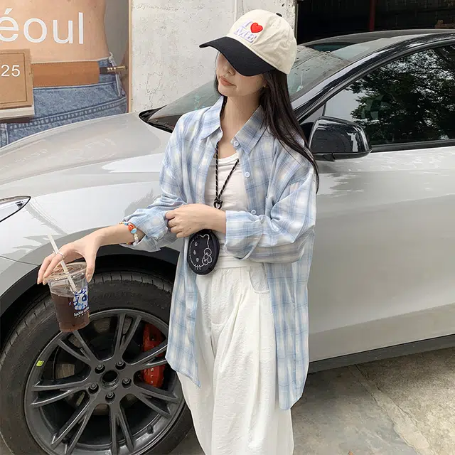 玫丝朵 美式慵懒风开衫格子薄款时尚百搭宽松长袖衬衫 女款