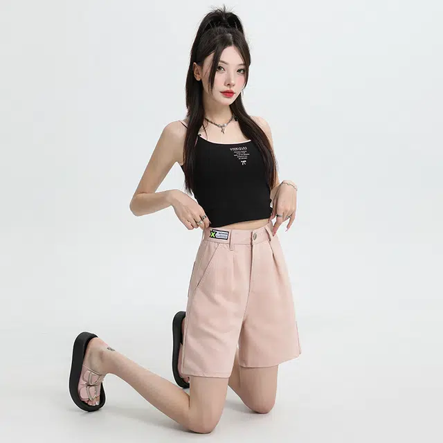 玫丝朵 纯色高腰直筒宽松垂感舒适五分牛仔短裤 女款