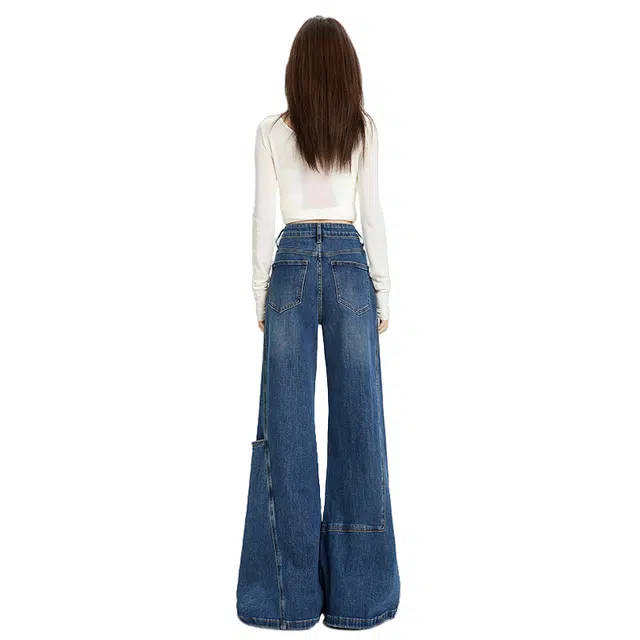 玫丝朵 韩系新潮慵懒风通勤百搭简约立体裁剪侧口袋高腰宽松阔腿牛仔裤 女款