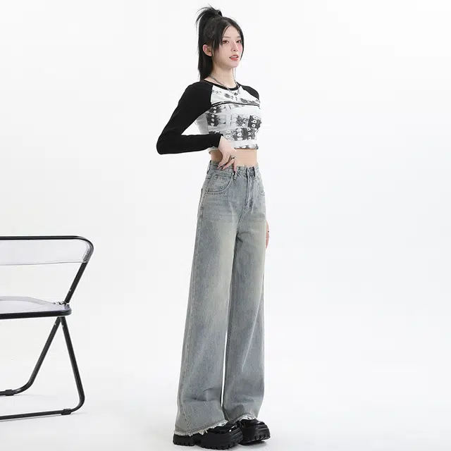 玫丝朵 复古高腰拉链宽松直筒牛仔裤 女款 怀旧蓝