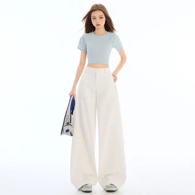 玫丝朵 时尚舒适宽松阔腿弯刀拖地牛仔裤 女款