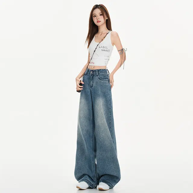 玫丝朵 复古美式慵懒风水洗百搭低腰宽松显瘦阔腿拖地牛仔裤 女款