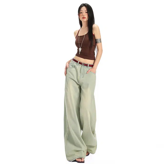 玫丝朵 美式复古做旧设计薄款百搭宽松直筒垂感牛仔裤 女款