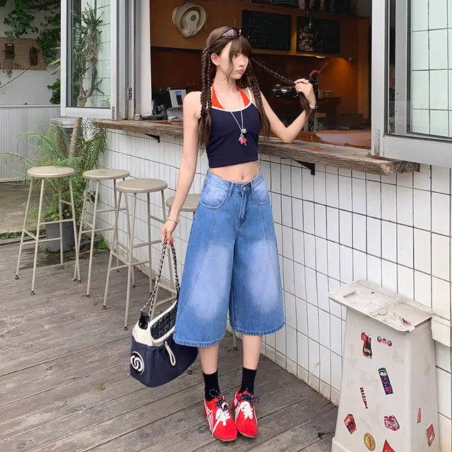 玫丝朵 美式复古高腰宽松舒适七分裤牛仔短裤 女款