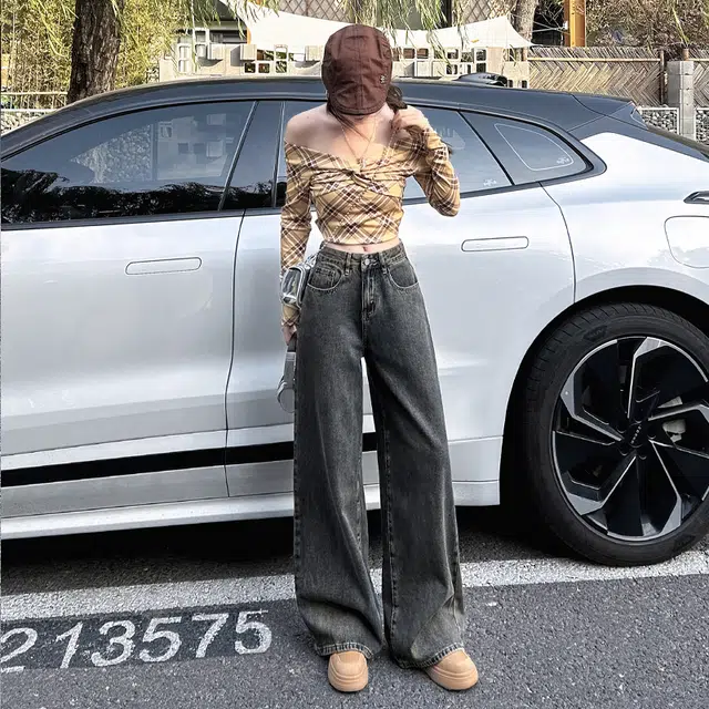 玫丝朵 春季美式复古宽松百搭高腰阔腿拖地女牛仔裤 女款 怀旧蓝灰