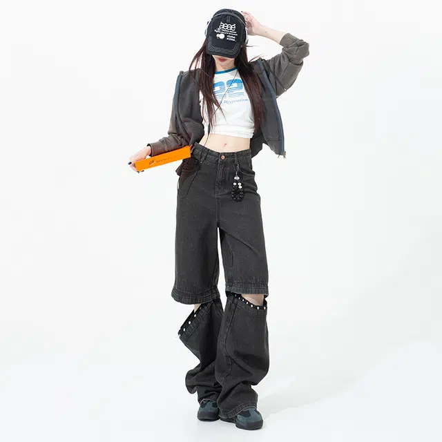 玫丝朵 美式街头休闲风可拆卸铆钉设计百搭宽松直筒牛仔裤 女款 黑色