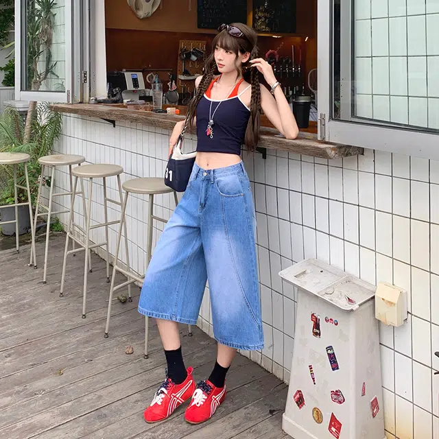 玫丝朵 美式复古高腰宽松舒适七分裤牛仔短裤 女款