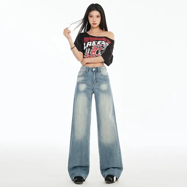玫丝朵 美式复古水洗刺绣高腰宽松垂感阔腿直筒牛仔裤 女款