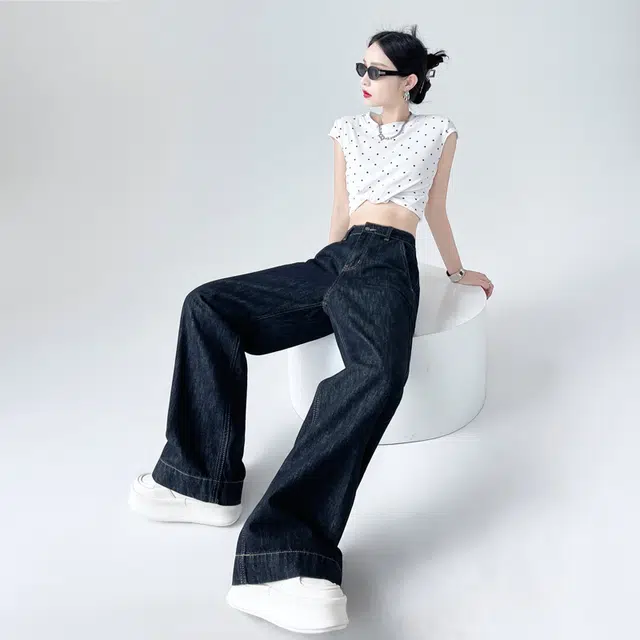 玫丝朵 复古百搭高腰宽松阔腿拖地牛仔裤 女款