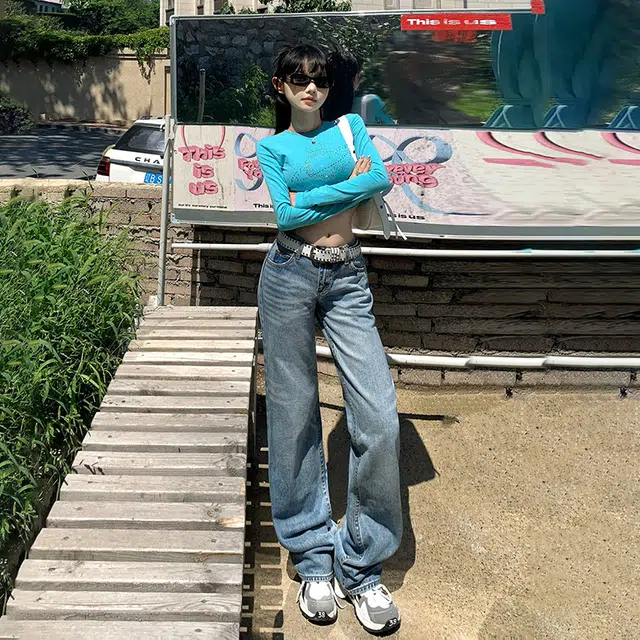玫丝朵 水洗低腰百搭宽松阔腿裤牛仔裤 女款 复古