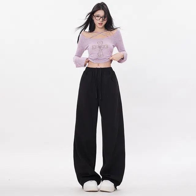 玫丝朵 简约百搭弯刀裤设计高腰宽松阔腿休闲裤 女款 白色