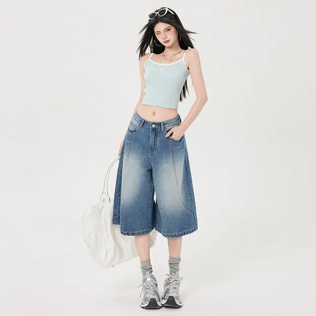 玫丝朵 美式复古低腰宽松舒适阔腿牛仔短裤 女款