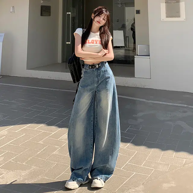 玫丝朵 美式复古慵懒风百搭高腰宽松阔腿弯刀牛仔裤 女款