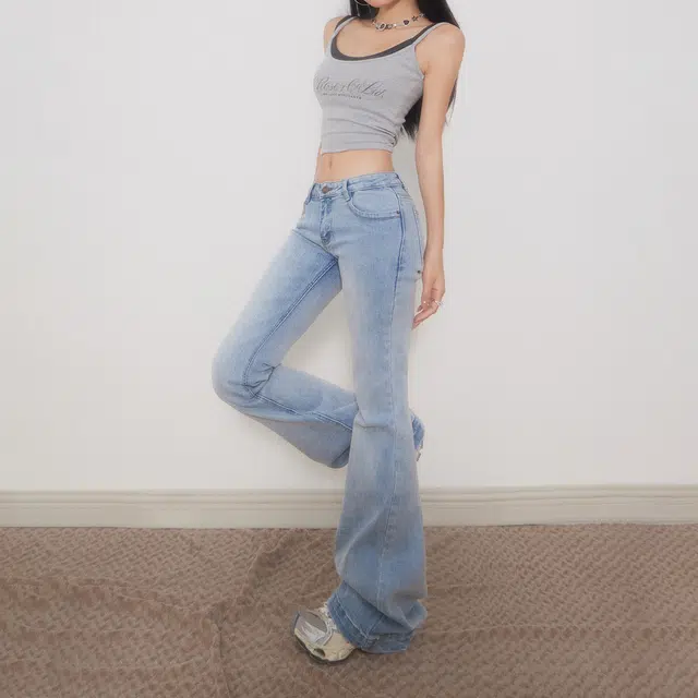 玫丝朵 酷辣美式低腰复古做旧设计时尚百搭修身喇叭裤子女夏季牛仔裤 女款