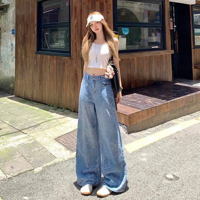 玫丝朵 美式复古小众提花设计感高腰宽松阔腿牛仔裤 女款