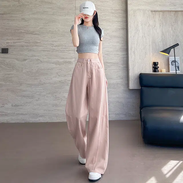 玫丝朵 美式复古弯刀设计感阔腿高腰垂感宽松直筒裤牛仔裤 女款
