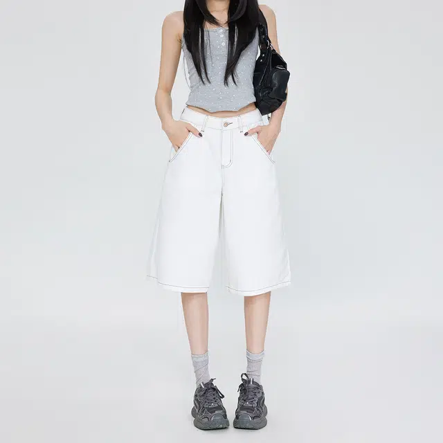 玫丝朵 美式简约百搭设计宽松休闲五分牛仔短裤 女款 白色