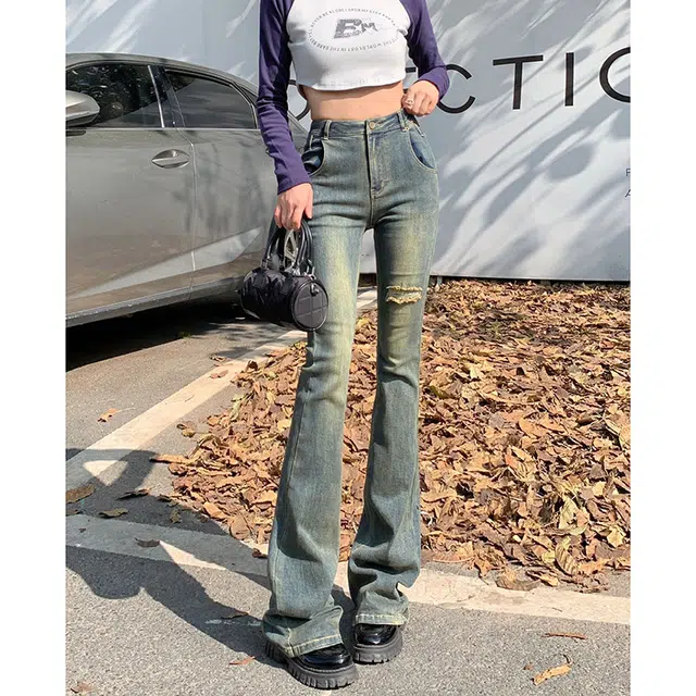 玫丝朵 破洞复古微喇高腰宽松简约通勤牛仔裤 女款 怀旧蓝