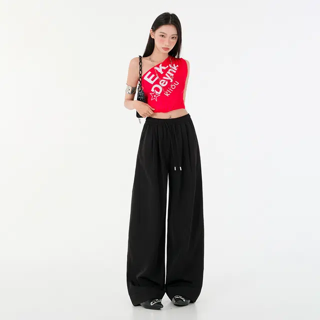 玫丝朵 美式新潮简约纯色松紧高腰宽松垂感阔腿休闲裤 女款