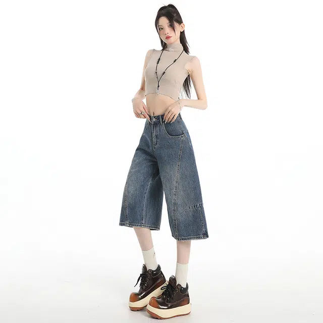 玫丝朵 美式复古高腰阔腿裤宽松百搭七分直筒牛仔短裤 女款
