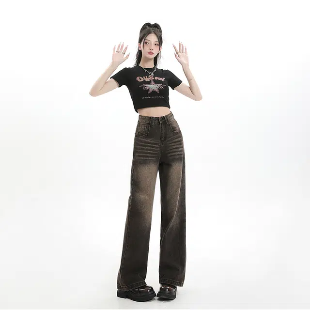 玫丝朵 复古水洗做旧高腰阔腿直筒宽松牛仔裤 女款 碳灰色