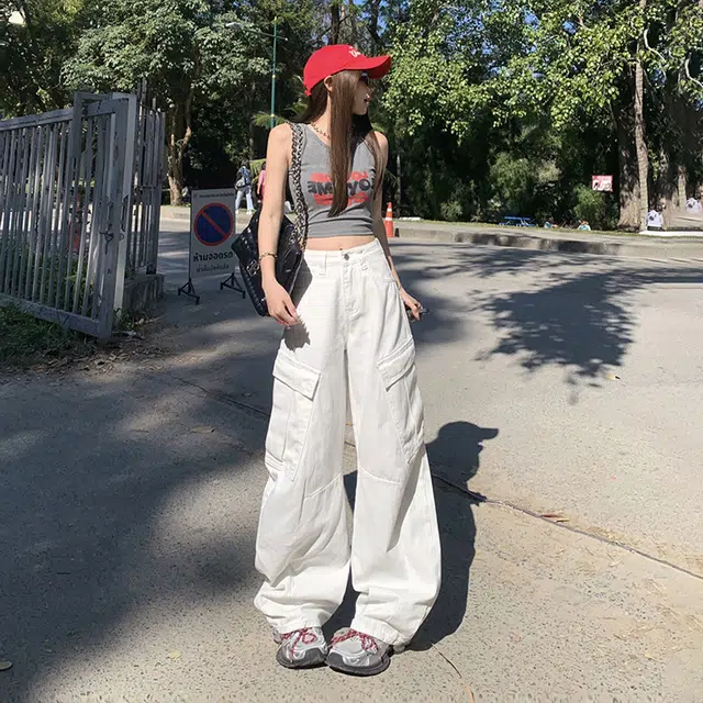 玫丝朵 美式复古高街宽松阔腿大口袋百搭直筒工装牛仔裤 女款