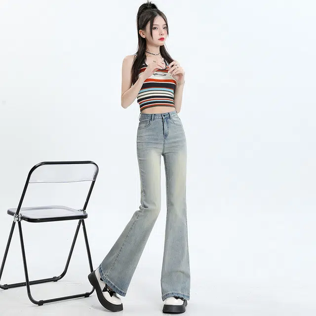 依钗 酷辣美式复古高腰水洗显瘦微喇百搭显腿长牛仔裤 女款