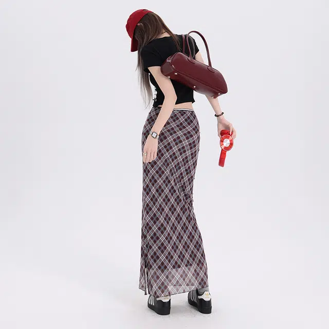玫丝朵 格子中长款自然腰休闲长裙 女款 蓝青格纹