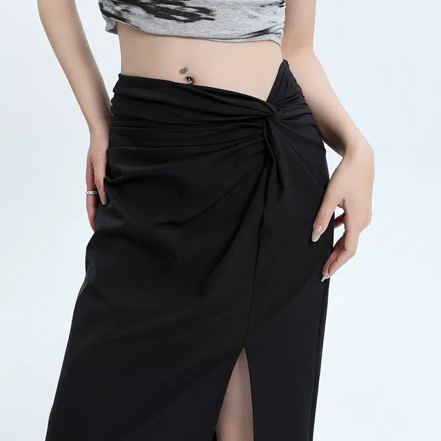 玫丝朵 开叉纯色高腰长款休闲长裙 女款