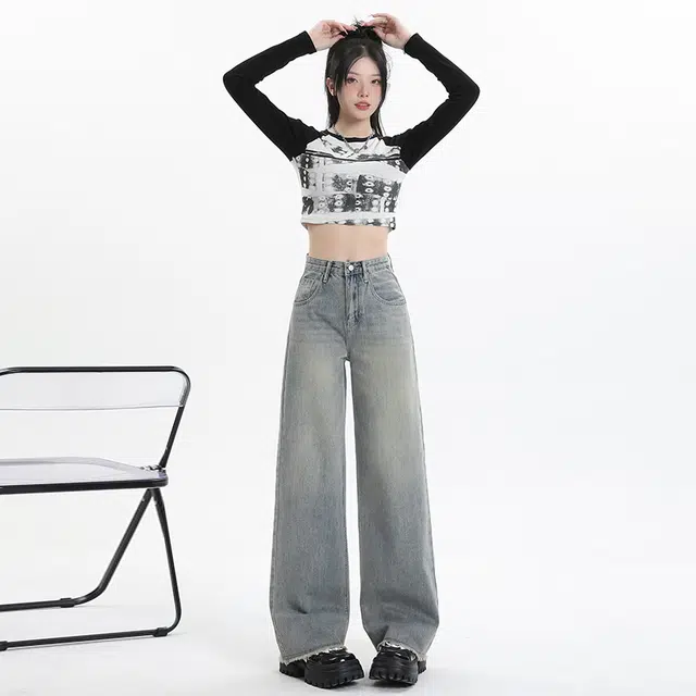 玫丝朵 复古高腰拉链宽松直筒牛仔裤 女款 怀旧蓝