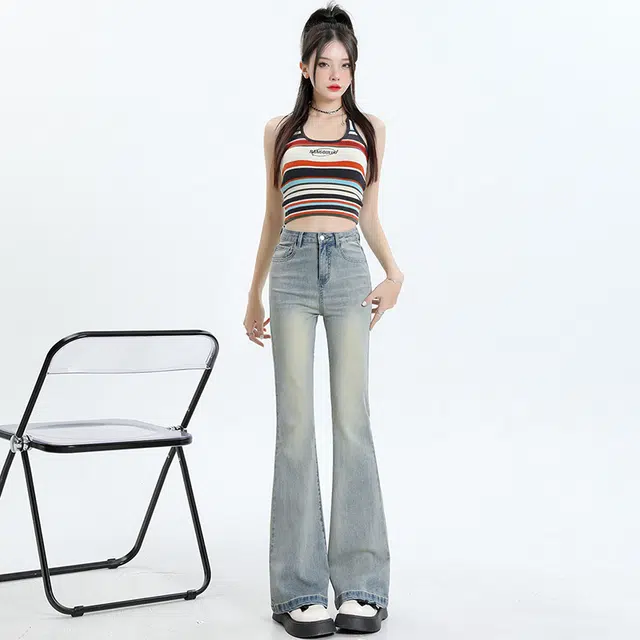 依钗 酷辣美式复古高腰水洗显瘦微喇百搭显腿长牛仔裤 女款