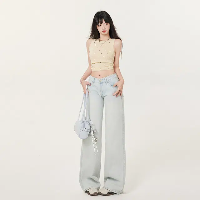 玫丝朵 美式复古低腰浅蓝色宽松百搭显瘦直筒牛仔裤 女款