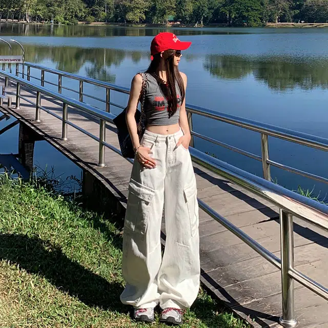 玫丝朵 美式复古高街宽松阔腿大口袋百搭直筒工装牛仔裤 女款