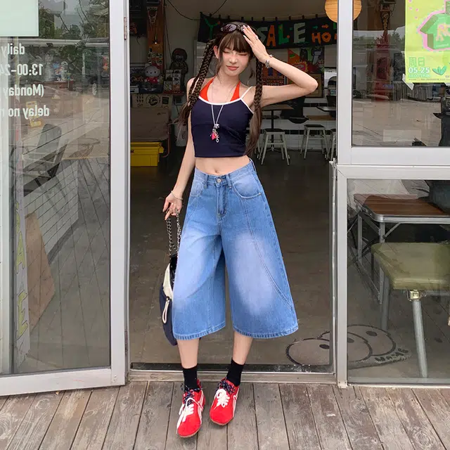 玫丝朵 美式复古高腰宽松舒适七分裤牛仔短裤 女款