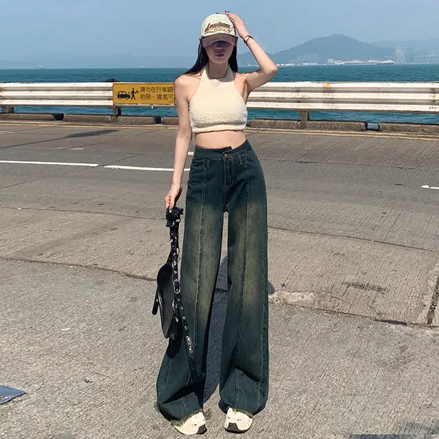 玫丝朵 美式复古设计感垂感阔腿拖地牛仔裤 女款