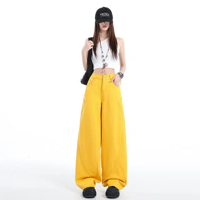 玫丝朵 美式复古高腰多巴胺宽松阔腿弯刀刺绣牛仔裤 女款