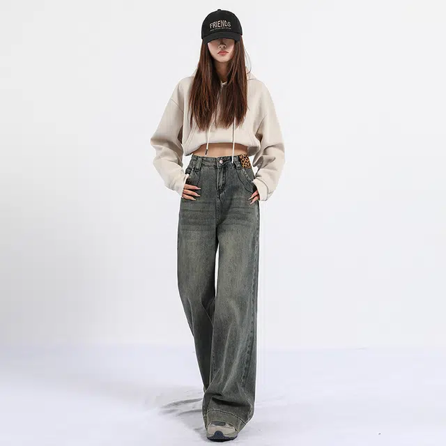 玫丝朵 美式复古慵懒风街头松弛感显瘦宽松高腰阔腿直筒牛仔裤 女款