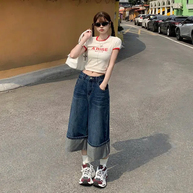 玫丝朵 美式复古高腰宽松气质百搭七分裤牛仔短裤 女款