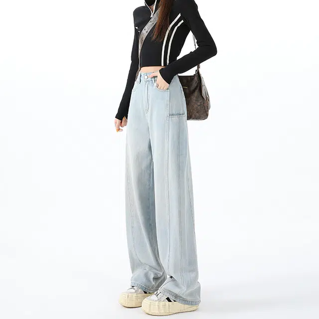 玫丝朵 复古百搭潮流特色口袋设计高腰弯刀阔腿宽松拖地牛仔裤 女款