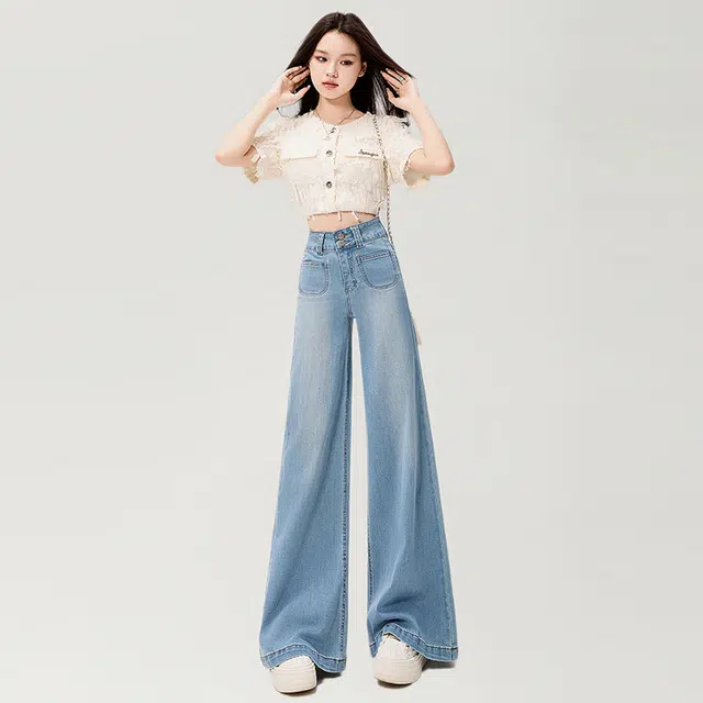 玫丝朵 美式复古时尚百搭舒适慵懒双扣高腰宽松显瘦阔腿拖地 牛仔裤 女款